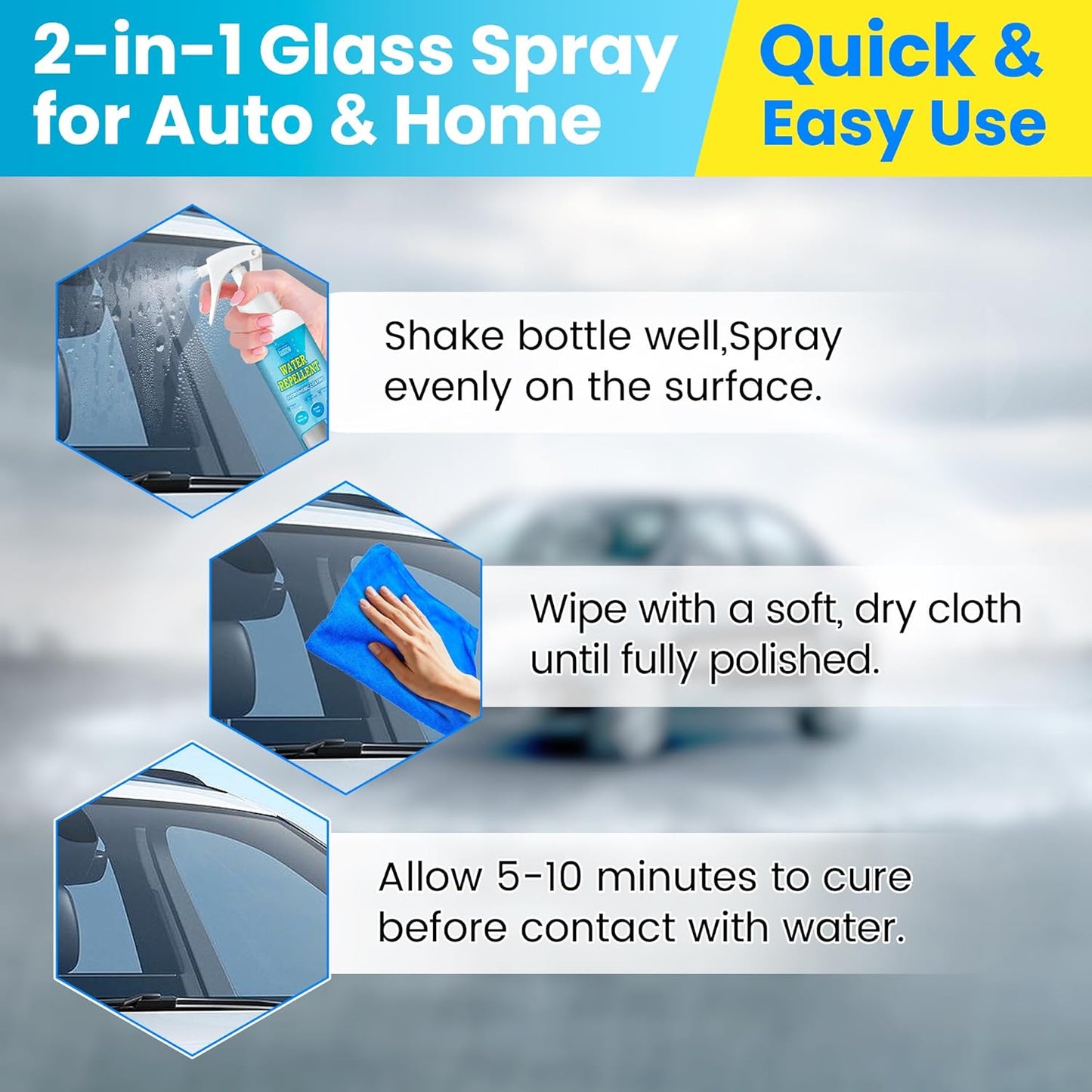 Windshield Rain Repellent Spray – Glass Water Repellent for Car Windows & Bathroom Glass – Easy to Apply Hydrophobic Coating for Side Windows, Shower Doors & Mirrors – Long Lasting (120ml/4oz)