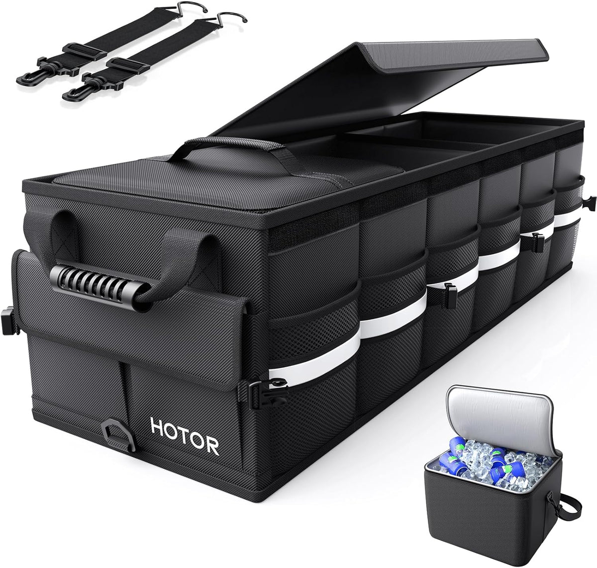 HOTOR Car Trunk Organizer - Trunk Organizer for SUV with Removable Cooler Bag, Foldable Cover, 3 Compartment Car Storage Essential Car Accessories for Truck, Van & Sedan, Black, 33.1" x 12.6" x 11.0"