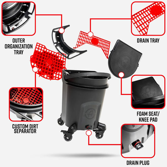 Adam's Complete Premium Detailing Bucket - Car Wash Bucket with Grit Guard, Seat Pad, Organization Rack, Drain Plug, 2 Locking Wheels | Innovative Detail 5 Gallon Bucket Kit System