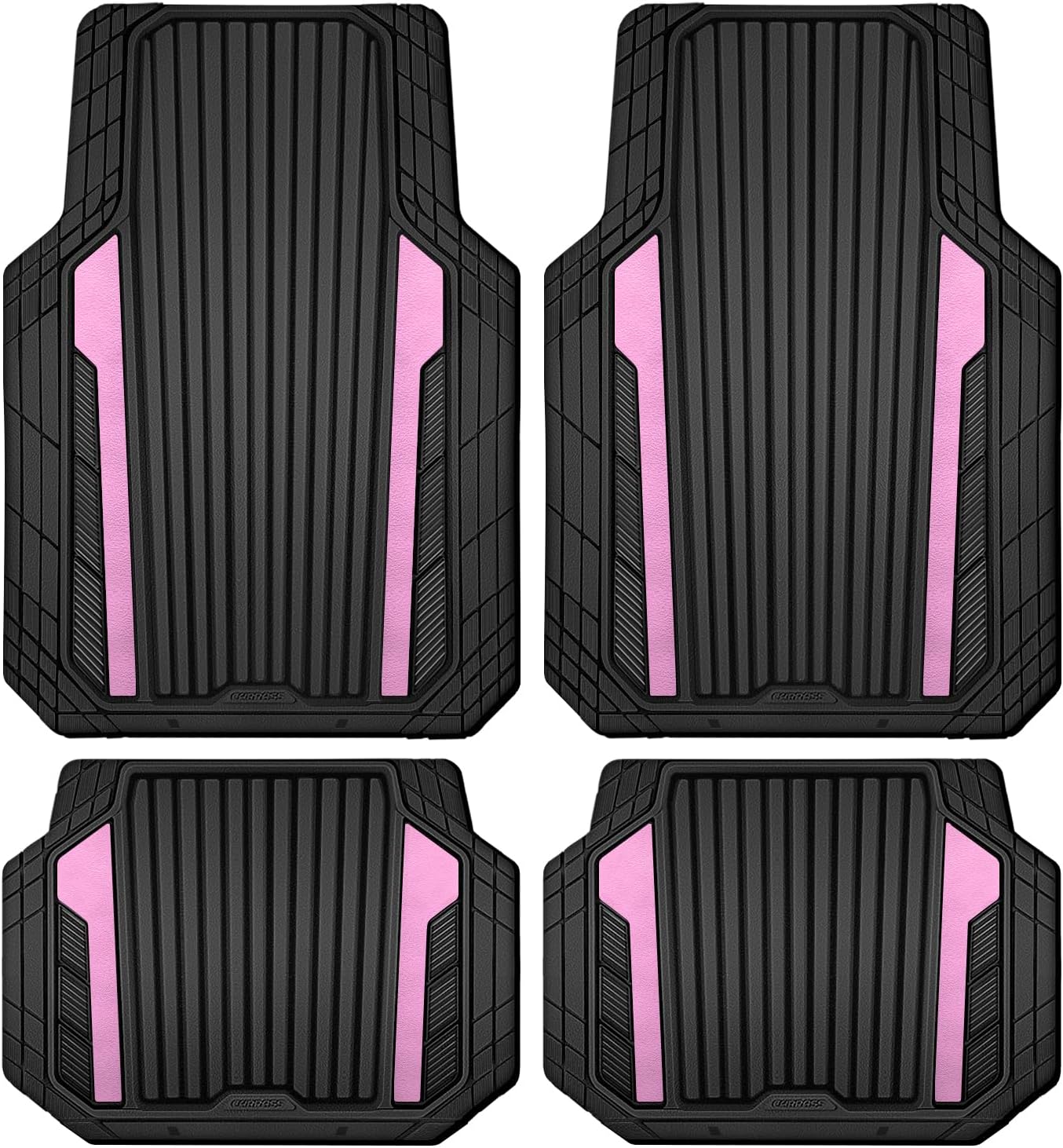 CAR PASS Heavy Duty Rubber Car Mats Metallic, Aluminum Film All Weather Floor Mats Waterproof Universal Trim to Fit Automotive SUV Sedan Van 4 Piece Anodized Deep Dish Two-Tone Sporty Black Red Chrome