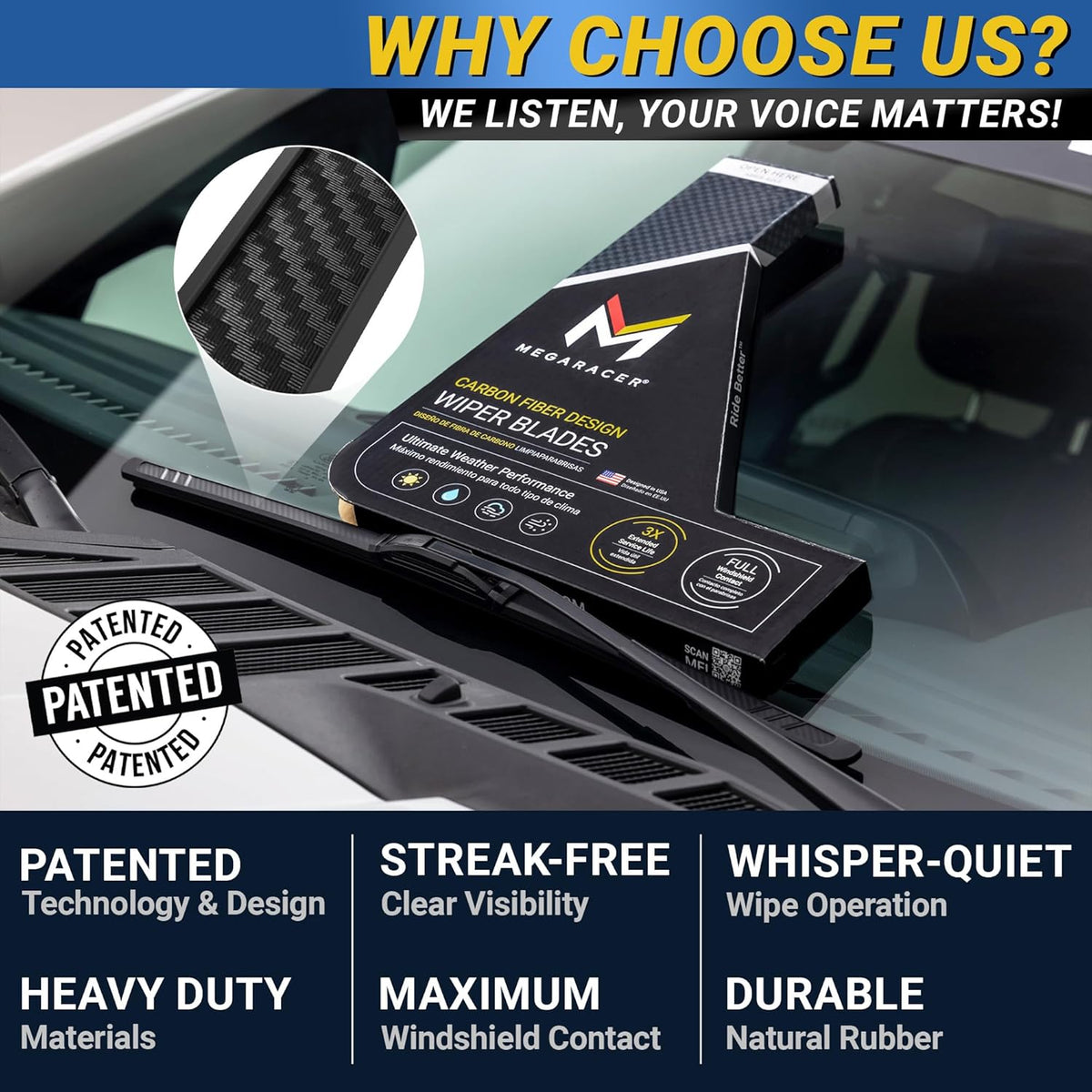 Premium Silicone Carbon Fiber Windshield Wiper Blades 22" & 20" - Patented All-Season, Quiet & Smooth Streak-Free Clean Wipe, OEM Quality, Front Automotive Replacement Wipers for Car & Truck (2 Pack)