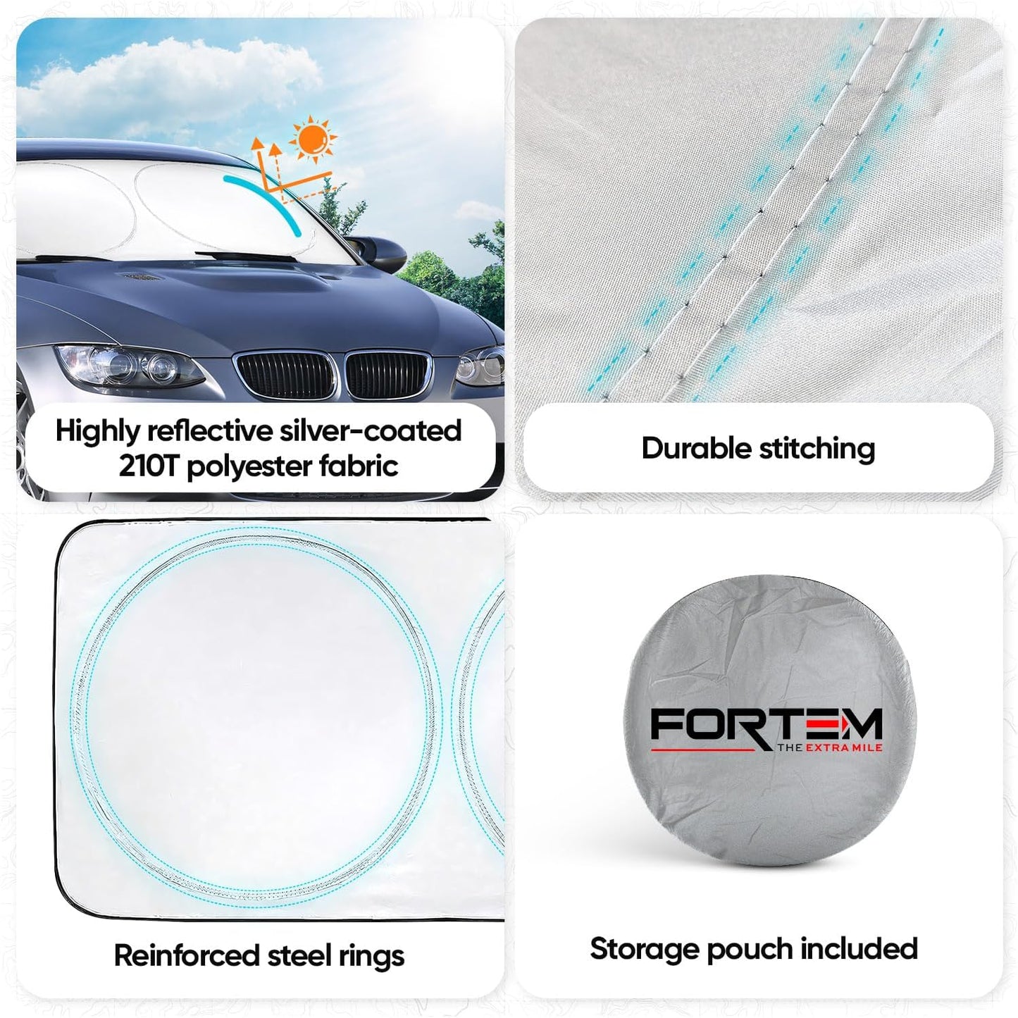 FORTEM Car Sun Shade for Windshield, Reflective Windshield Sunshade, 240T Polyester, Automotive Interior Sun Protection, Ultimate Heat and UV Shield, Foldable, Storage Bag