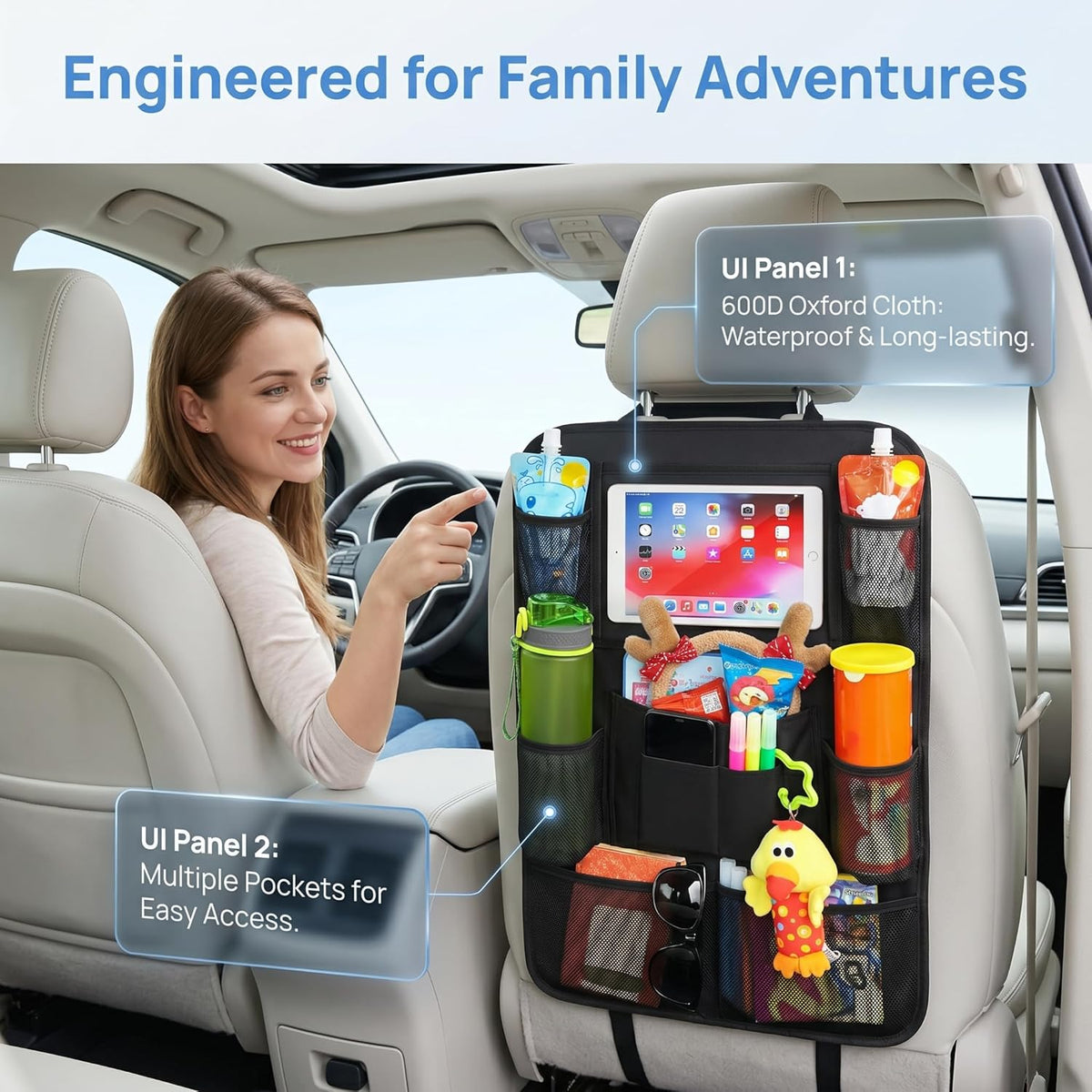 Backseat Car Organizer, 2 Pack Kick Mats Back Seat Protector with Touch Screen Tablet Holder, 9 Storage Pockets for Travel Accessories & Toys, Waterproof & Easy-Clean Black Protector