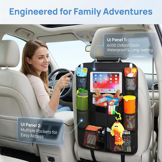 Backseat Car Organizer, 2 Pack Kick Mats Back Seat Protector with Touch Screen Tablet Holder, 9 Storage Pockets for Travel Accessories & Toys, Waterproof & Easy-Clean Black Protector