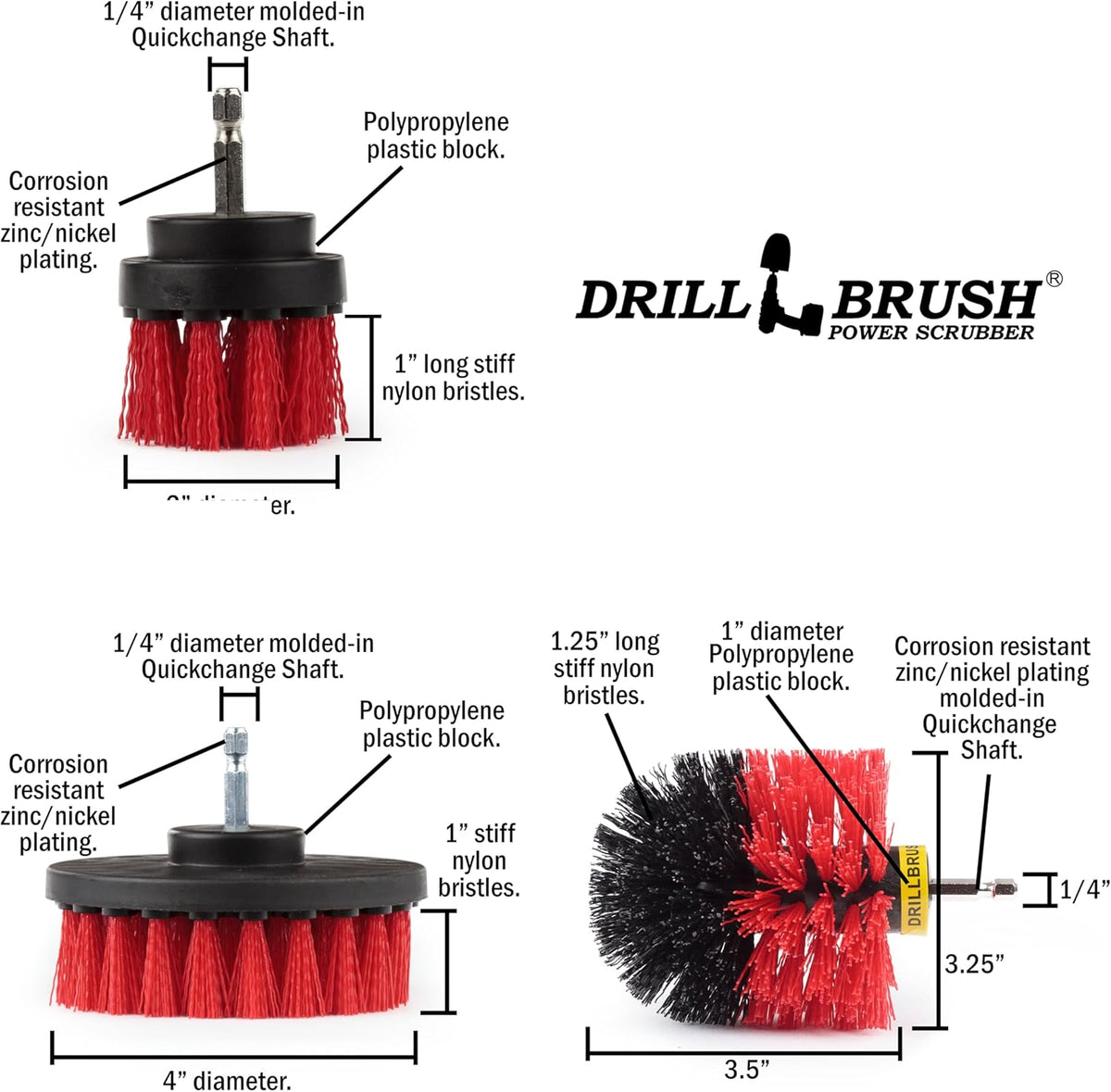 Drillbrush Car Detailing Kit | Drill Brush Set – Soft Bristle Power Scrubber Attachments for Cleaning Car Interior, Upholstery, Carpet, Seats, Wheels, Rims, Dash, Console, and Trim - Nylon Scrub Brush