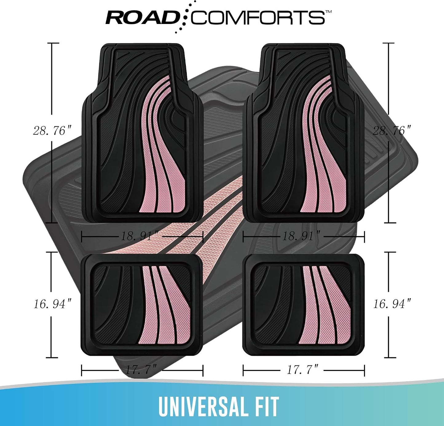 Road Comforts Car Floor Mats Full Set – Front & Rear Car Floor Mats with Aluminum Design, Anti-Slip Backing, All-Weather Protection, Trim-to-Fit Car Mats for Most Sedans, SUVs & Vans -All Pink