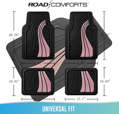 Road Comforts Car Floor Mats Full Set – Front & Rear Car Floor Mats with Aluminum Design, Anti-Slip Backing, All-Weather Protection, Trim-to-Fit Car Mats for Most Sedans, SUVs & Vans -All Pink