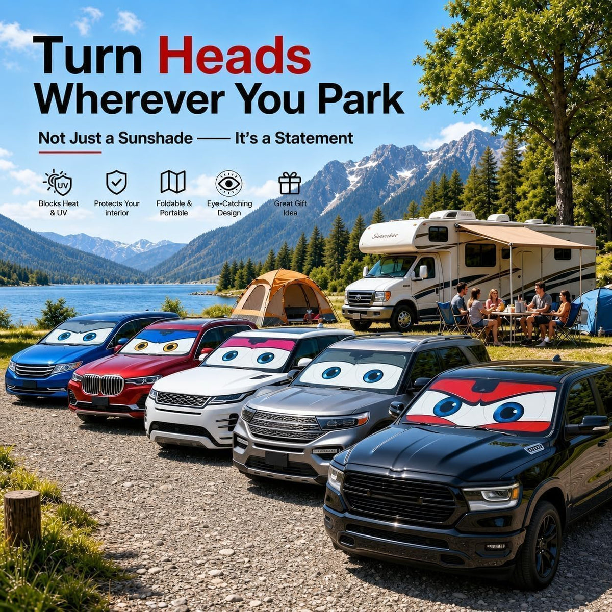 Car Windshield Sun Shade, Funny Cartoon Eyes Sun Visor for Car Windshield Universal Fits Sedan Compact Car Hatchback SUV, UV Heat Protection - 59 x 27.5