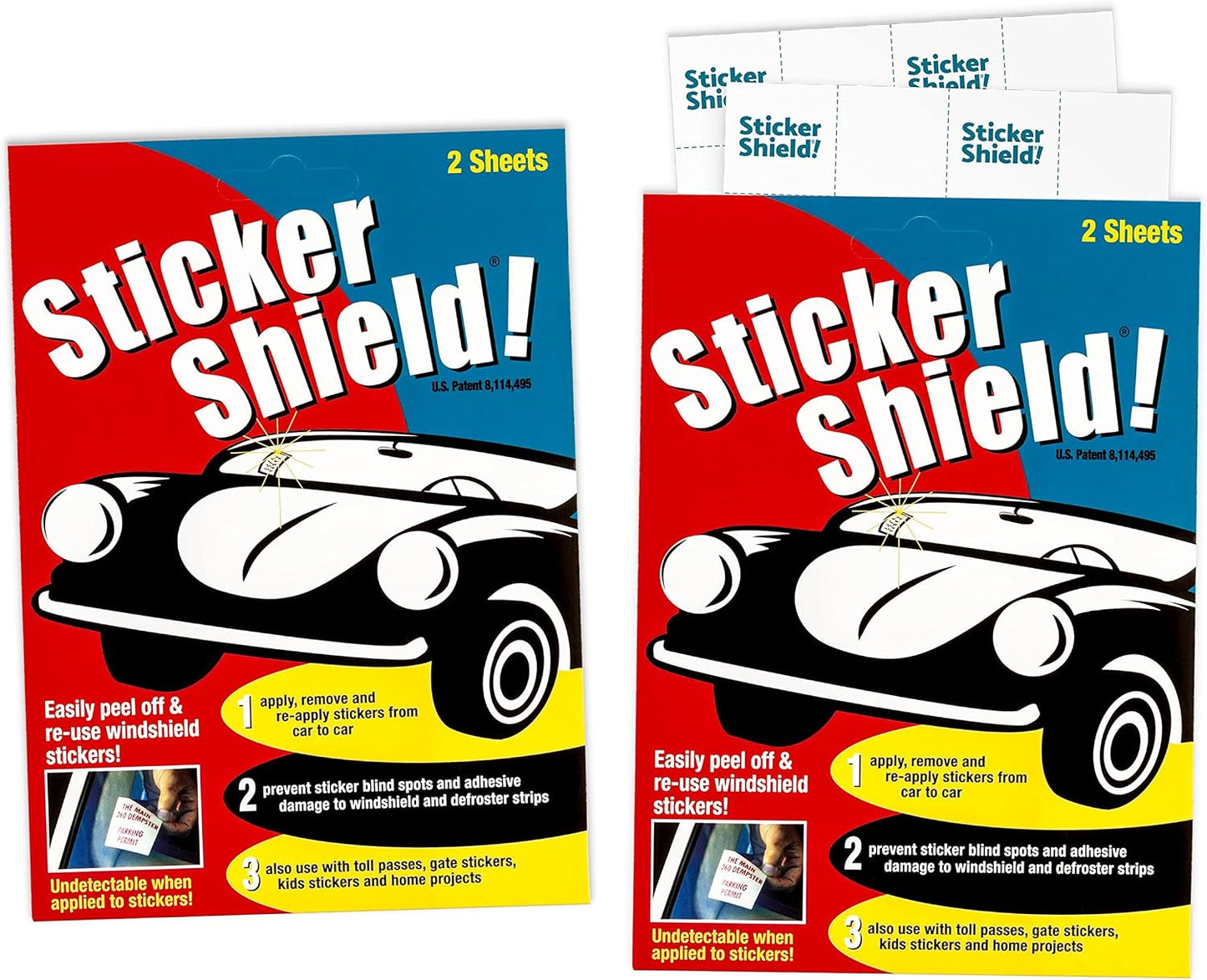 STICKER SHIELD - Windshield Sticker Applicator for Easy Application, Removal and Re-Application from Car to Car - 4 inch x 6 inch Sheets (Pack of 2 Sheets)