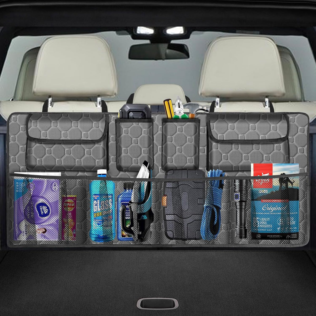 esouler Car Trunk Organizer, Super Capacity Backseat Car Organizer for SUV/Truck/MPV(42"*18"), Hanging Car Storage Organizer with 8 Pocekts, Car Accessories for Women and Men- Black