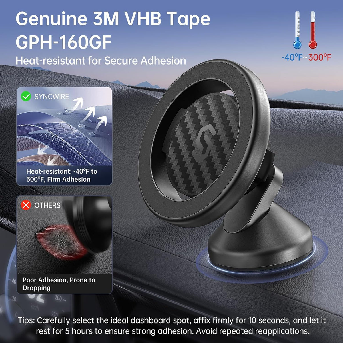SYNCWIRE MagSafe Car Mount, Magnetic Car Phone Holder for Car Dashboard, 360° Rotating Strong Magnet Phone Mount with 3M VHB Adhesive, Compatible with iPhone 17/16/15/14/13/12 & MagSafe Cases