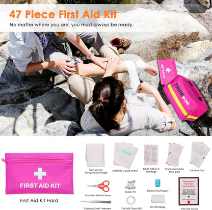 THINKWORK Car Emergency Kit for Teen Girl and Lady's Gifts, Pink Emergency Roadside Assistance kit with Digital Air Compressor, 10FT Jumper, First Aid Kit, and More Ideal Pink Car Accessories Tool -E7