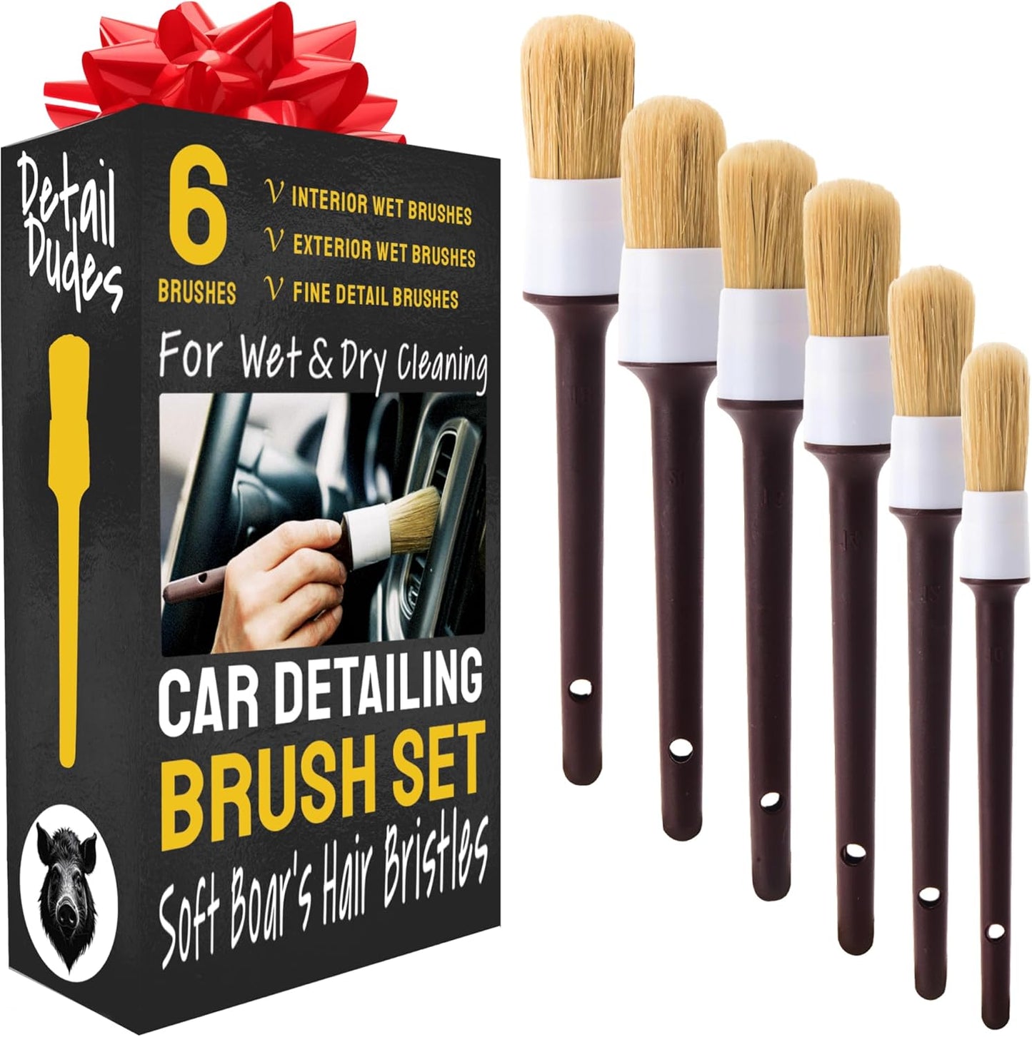 Car Detailing Brush Set 3-Pack - Soft Boar Hair Interior & Exterior Detailing Kit - Car Interior Cleaning Brushes for Leather, Piano Black Trim, Dashboards, Wheels and Engine Bay - Detail Dudes