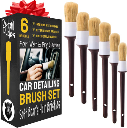 Car Detailing Brush Set 3-Pack - Soft Boar Hair Interior & Exterior Detailing Kit - Car Interior Cleaning Brushes for Leather, Piano Black Trim, Dashboards, Wheels and Engine Bay - Detail Dudes