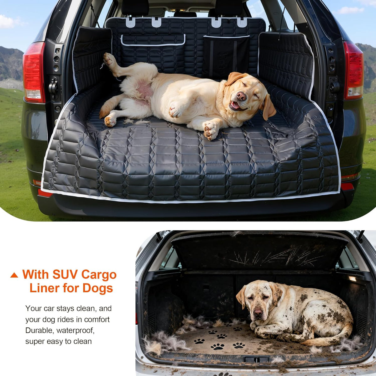 Reliadura SUV Cargo Liner for Dogs, Waterproof Dog Trunk Cover with Bumper Flap Protector, Pet Cargo Mat for SUVs Sedans Vans, Non-Slip Scratchproof Dog Seat Cover, Large Size Universal Fit
