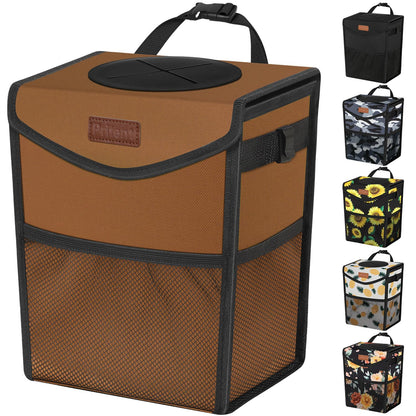 Pritent Car Trash Can with Lid, Cute Leakproof Car Trash Garbage Bag Hanging Vehicle Trash Bin Small Portable Automotive Garbage Cans Organizer for Back/Front Seat/Console(Trapezoid,Black)