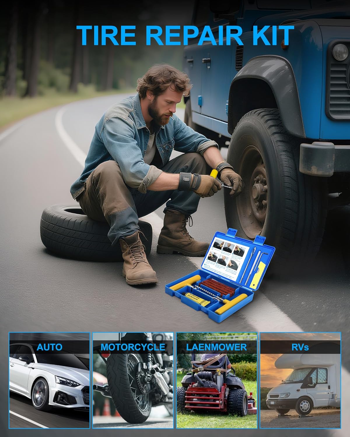 Tire Repair Kit with Plugs, Tire Plug Kit Heavy Duty Professional for Car, ATV, Motorcycle, Truck, Flat Tire Emergency Repair (Boxed Type - 16 PCs)