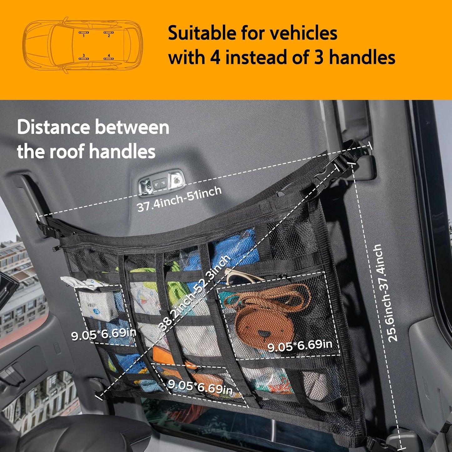 Car Ceiling Cargo Net with 3 Pockets,31.5"x21.6" Car Overhead Storage Mesh Organizer,Double Layer Roof Mesh Camping Overlanding Gear Must Haves Cargo Net,Road Trip Essentials (31.5"x 21.6")