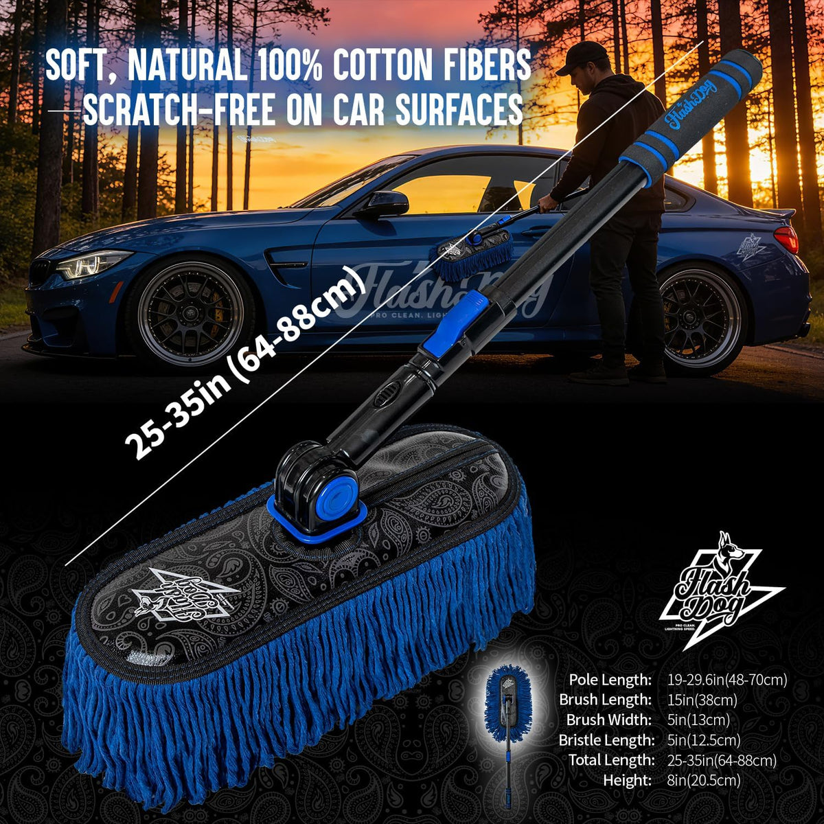 Flash Dog Car Duster Exterior with Car Duster Interior Wax Cotton Hair Scratch Free Cleaning for Cars, SUVs, Trucks | Waterless Dust Remover & Detailing Brushes Set with Storage