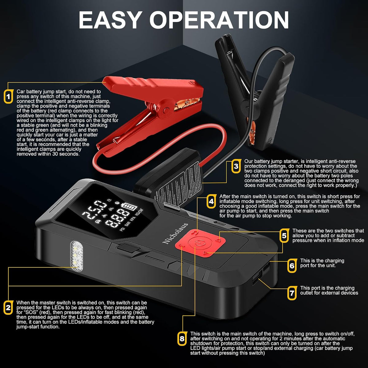 12 V Car 8000 mAh Battery Jump Starter 2800A with 150psI Air Compressor, Compact and Practical Edition QB08L Safe Smart, Portable Jump Box and Charger for 6.0L Gas and 3.0L Diesel Engines.