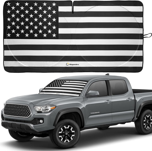 American Flag Windshield Sun Shade, High-Resolution Car Shield with Mirror Cut-Out for Automotive Interior Protection Heat Reduction, Folding Sunshade Storage Bag - Medium, Original