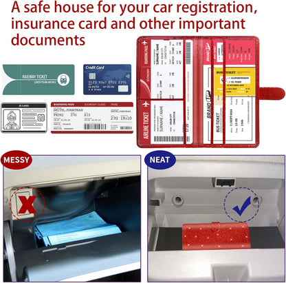 Car Registration and Insurance Card Holder - Leather Vehicle Glove Box Automobile Documents Paperwork Wallet Case Organizer for ID, Driver's License, Key, Cards - Car Accessories for Women&Men