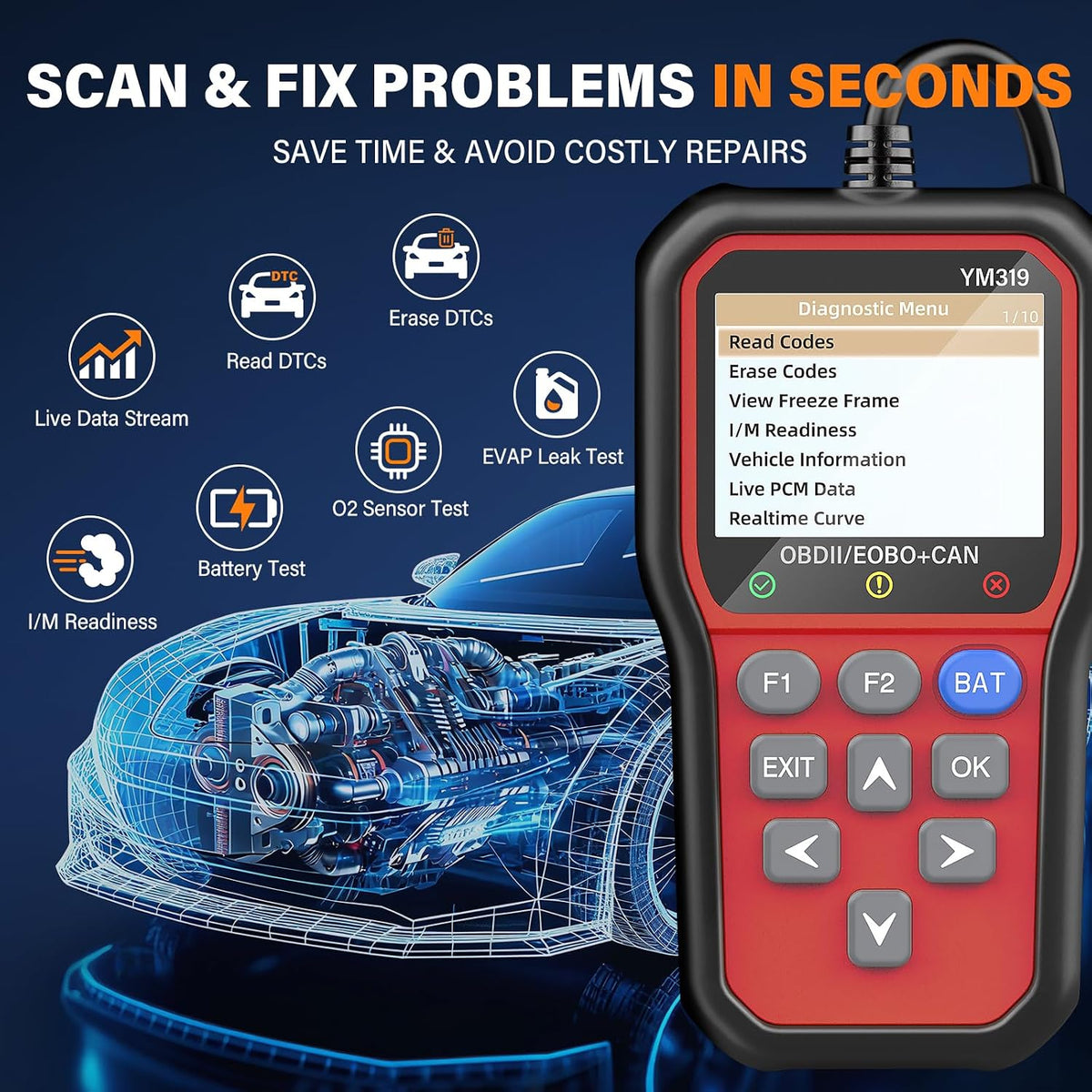 BluSon YM319 OBD2 Scanner Diagnostic Tool with Battery Tester, Check Engine Fault Code Reader with Live Data, Cloud Printing, DTC Lookup, Freeze Frame, Scan Tool for All OBDII Protocol Cars Since 1996