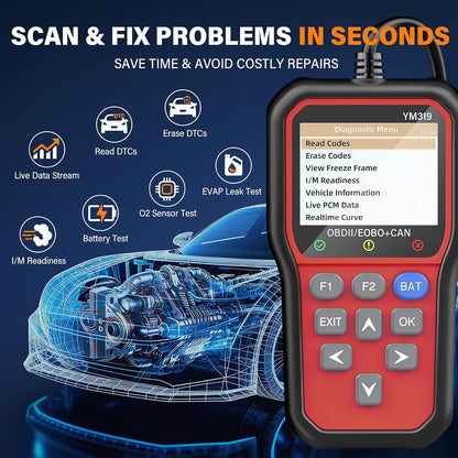 BluSon YM319 OBD2 Scanner Diagnostic Tool with Battery Tester, Check Engine Fault Code Reader with Live Data, Cloud Printing, DTC Lookup, Freeze Frame, Scan Tool for All OBDII Protocol Cars Since 1996