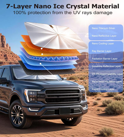 DMJN Umbrella Windshield Sun Shade - Medium, Car Sunshade for Front Windshield [Nano Ice-Crystal Coatings] UPF50+ Heat & UV Block, Protect Interior & Keep Cooler Universal for Car, SUV, Truck