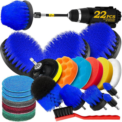Holikme 22Pack Drill Brush Attachments Set,Scrub Pads & Sponge, Buffing Pads,Power Scrubber Brush,Car Polishing Pad Kit,Wax Applicator Pad,Car Cleaning Kit,Masonry Brushes,Cleaning Supplies