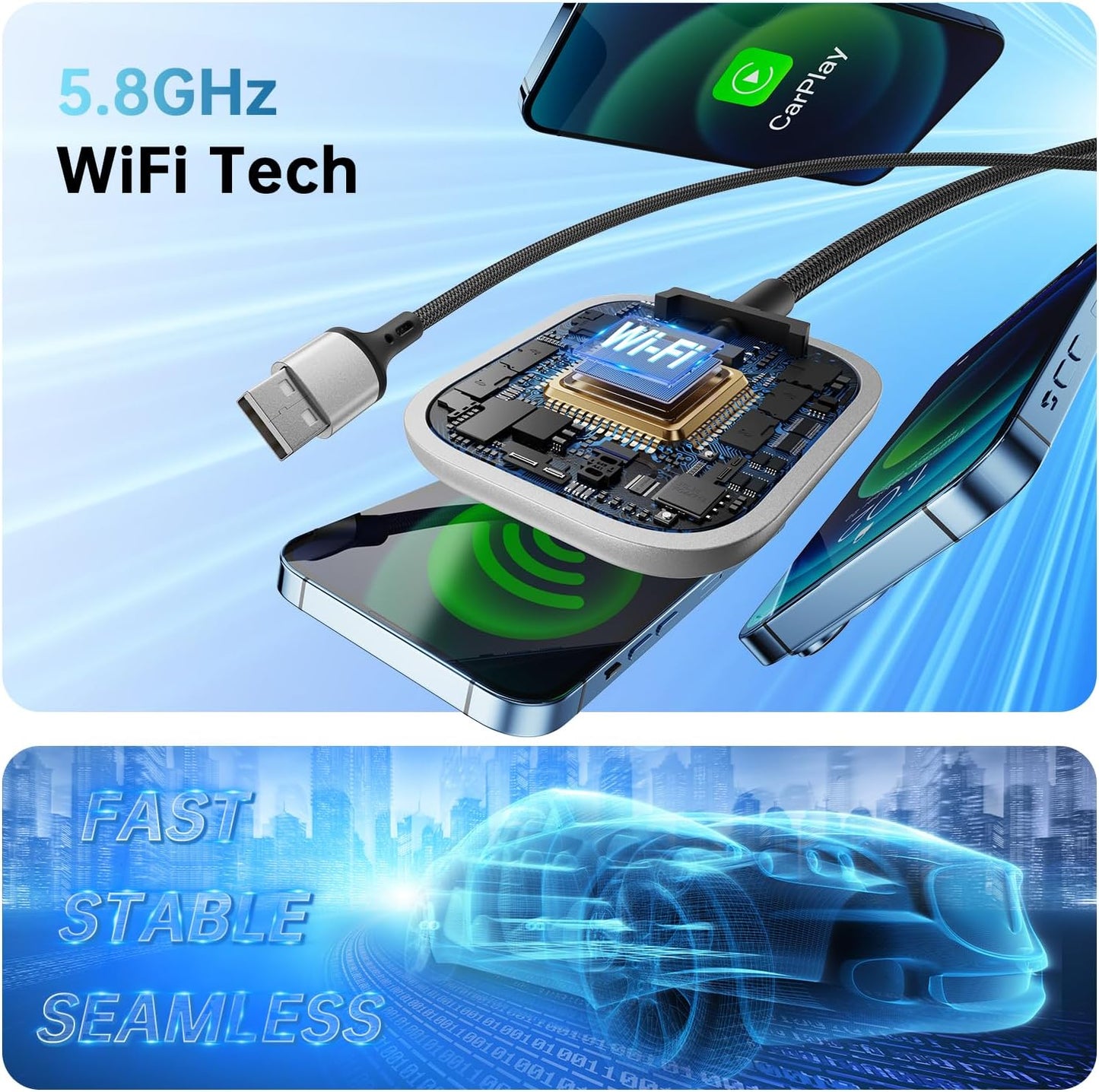 Wireless CarPlay Adapter for Apple CarPlay, Easy to Upgrade Wired CarPlay to Wireless, Instant Connectivity, Super Mini Car Play Dongle for iPhone Fit for Cars with Built-in CarPlay (Black)