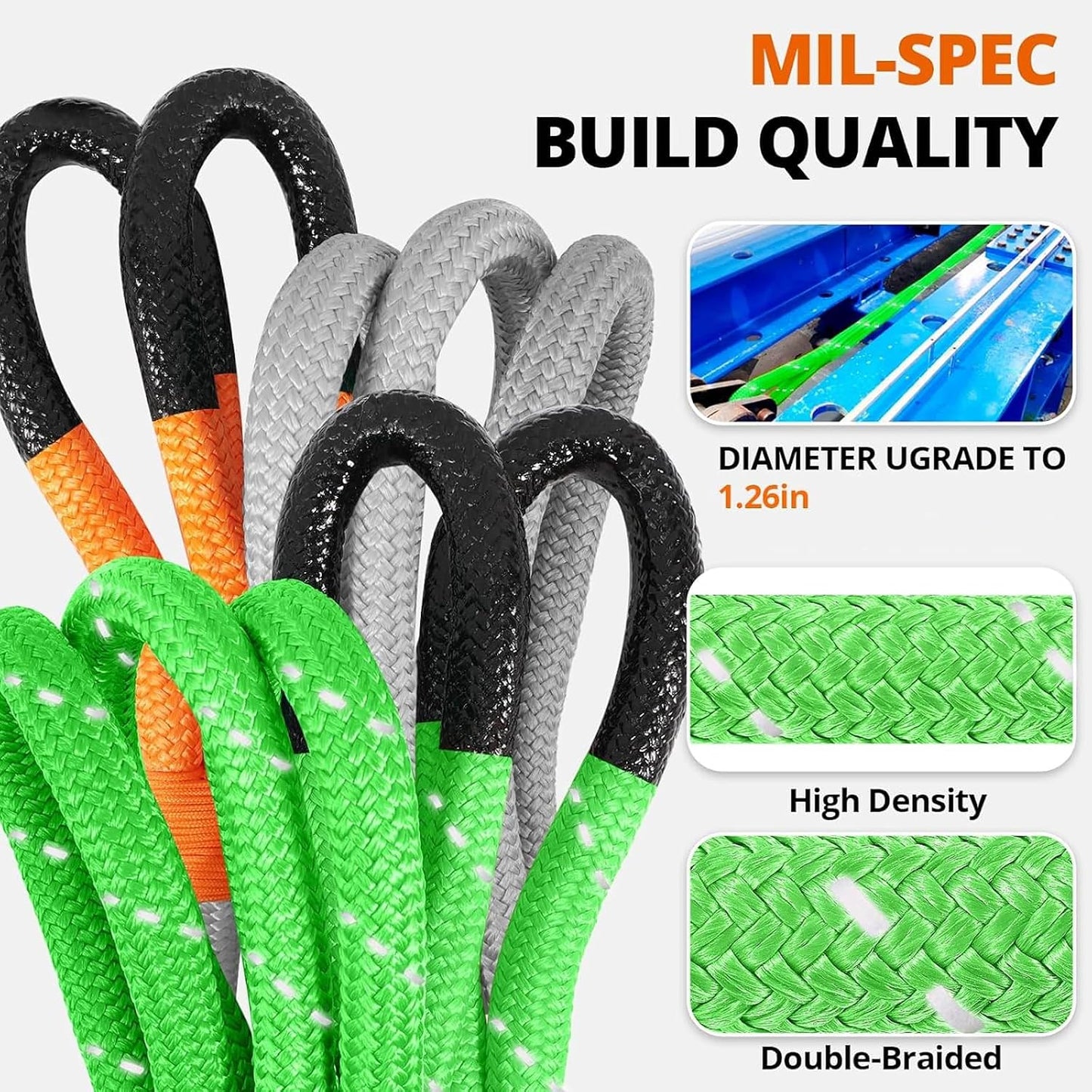 Kinetic Recovery Tow Rope: 1.26" x 30ft Snatch Strap with Soft Shackles Heavy Duty Offroad Towing Straps Kit for Trucks SUV UTV ATV Tractor Car Jeep - Black