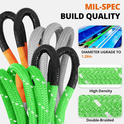 Kinetic Recovery Tow Rope: 1.26" x 30ft Snatch Strap with Soft Shackles Heavy Duty Offroad Towing Straps Kit for Trucks SUV UTV ATV Tractor Car Jeep - Black