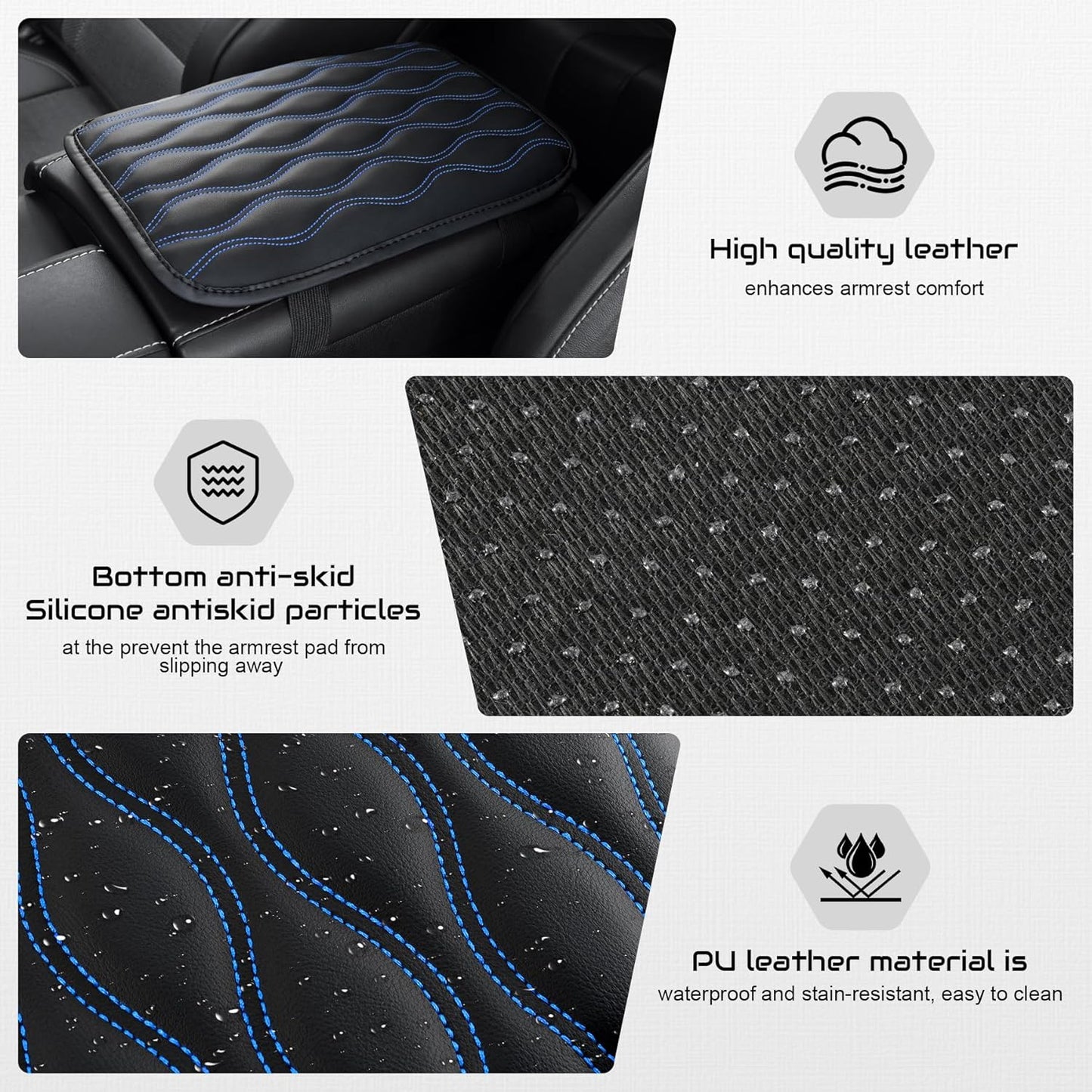 Amiss Car Center Console Cover, Upgraded Leather Car Armrest Cushion with 2 Storage Pockets, Universal Waterproof Cushion Pad, Non-Slip Car Interior Accessories, Fits Most Sedans SUVs Trucks (Black)