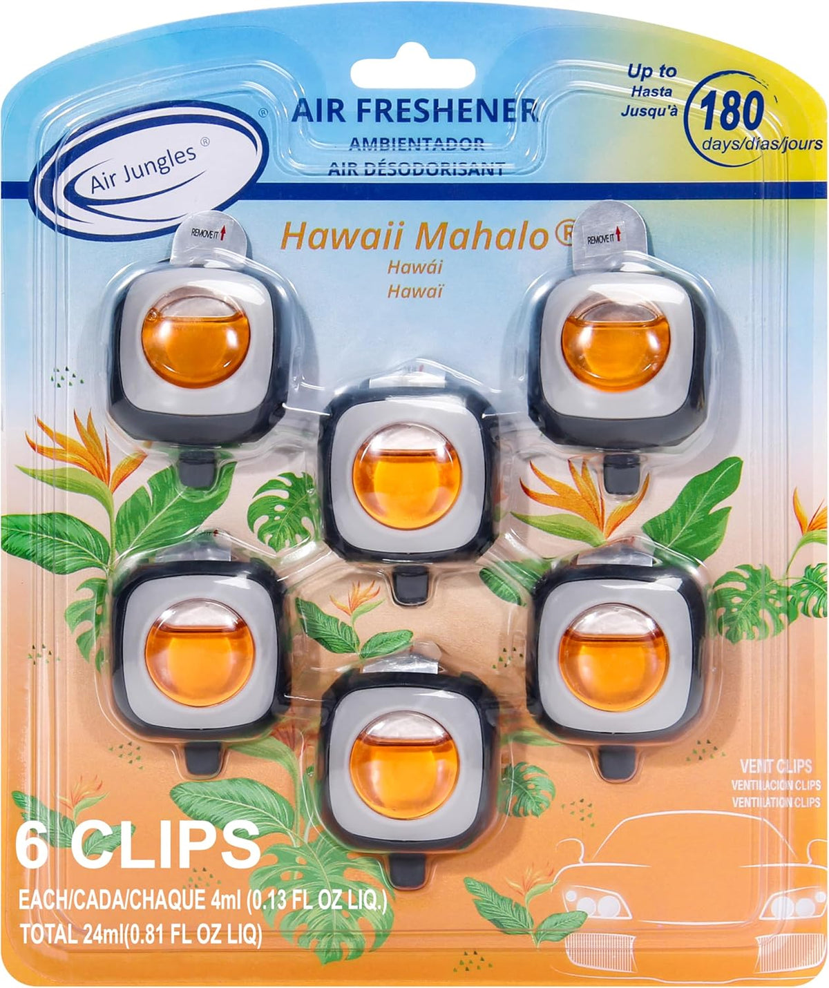 Air Jungles New Car Scent Car Air Freshener Vent Clip, 6 Count Long Lasting Up to 180 days, Natural Essential Oil Car Fragrance Accessories for Women and Men, Odor Eliminator - 4ml Each