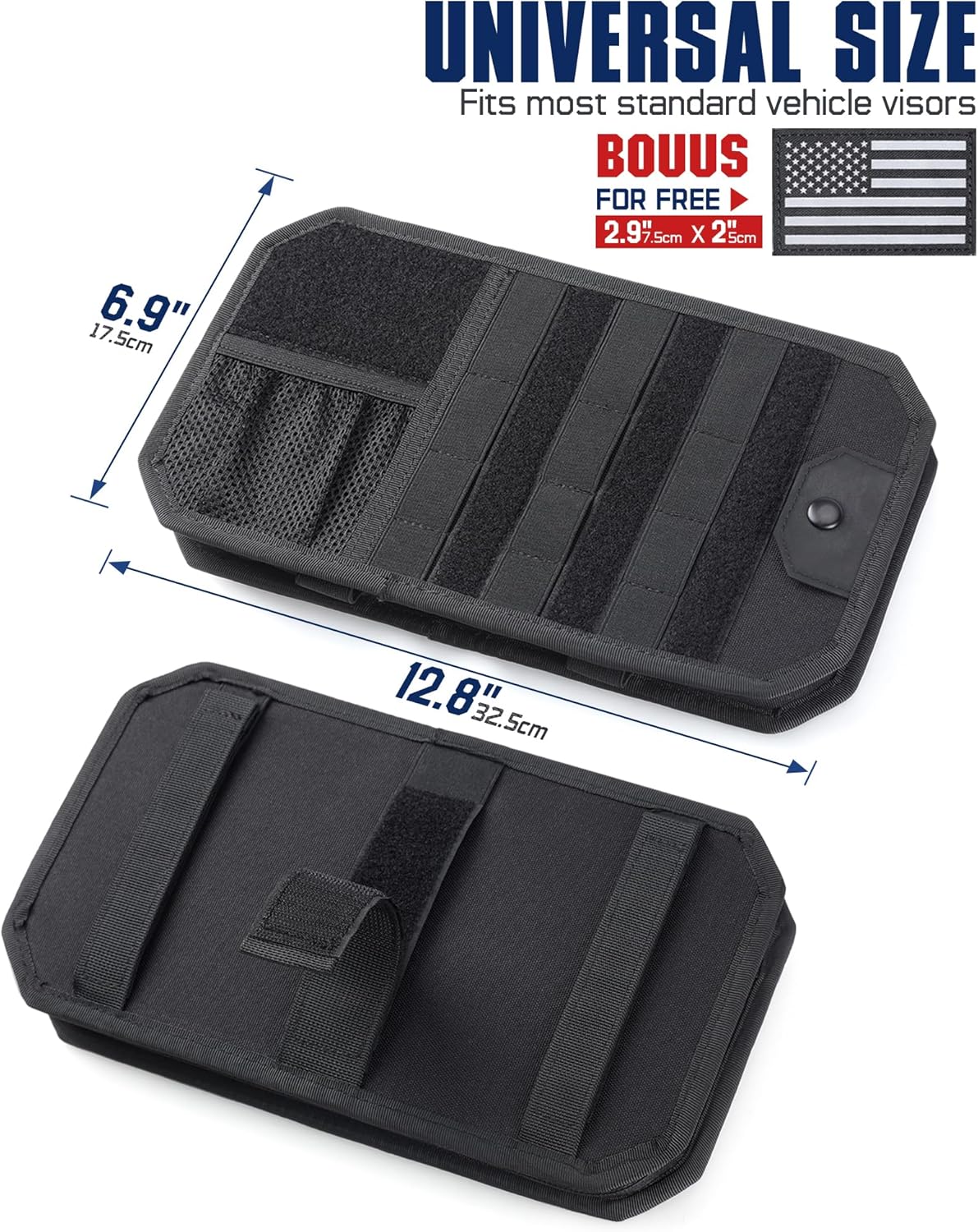 WYNEX Molle Car Sun Visor Organizer, Car Accessories with Zip Storage Pouch & Glasses Holder, Semi-Rigid Molle Panel with Patch for Tactical Gears, Fits Most Cars, Trucks, Pickups, Patrols