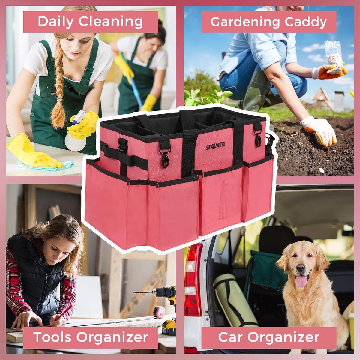 SCAVATA Wearable Cleaning Caddy Bag, Supplies Organizer with Handle & Shoulder Straps for Housekeepers, Under Sink & Car Cleaning Tool Organizer with 4 Foldable Dividers (Black)
