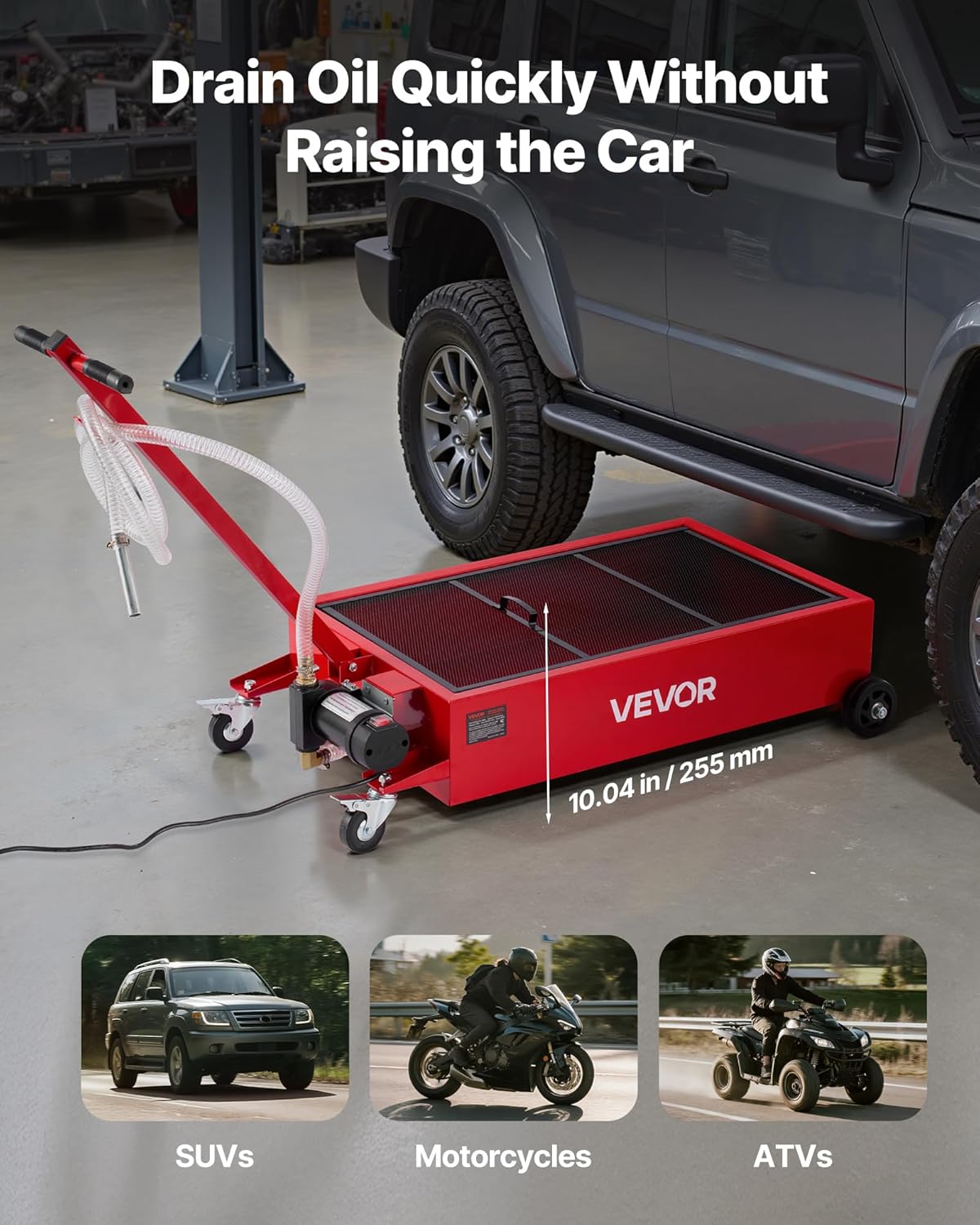 VEVOR Low Profile Oil Drain Pan, 15 Gallon Capacity, Rolling Oil Drain Pan with Electric Pump & 7.2 ft Hose, Leak-Proof & Corrosion-Resistant, Fit for Cars, SUVs, Trucks, Motorcycles, ATVs, Metal