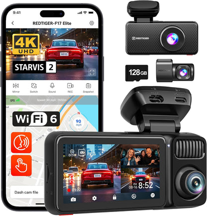 REDTIGER F17 Elite 4K Dash Cam 3 Channel, STARVIS 2 IMX678 & IMX675, 128GB Card, Full Night Color, 4K+2.5K+1080P Front and Rear Inside, Voice Control, 5GHz WiFi-30MB/s Download, GPS, HDR, Parking Mode