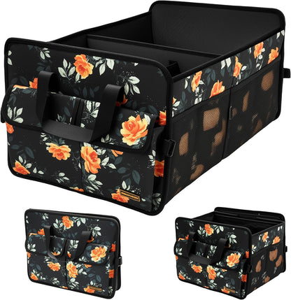 SIBOFUEGO Sturdy Car Trunk Organizer – Large Capacity Trunk Organizer for SUVs & Sedans, Hard-Shell One-Piece Design with Cute Print, Collapsible and Durable Car Organizers (Black Leopard 70L)