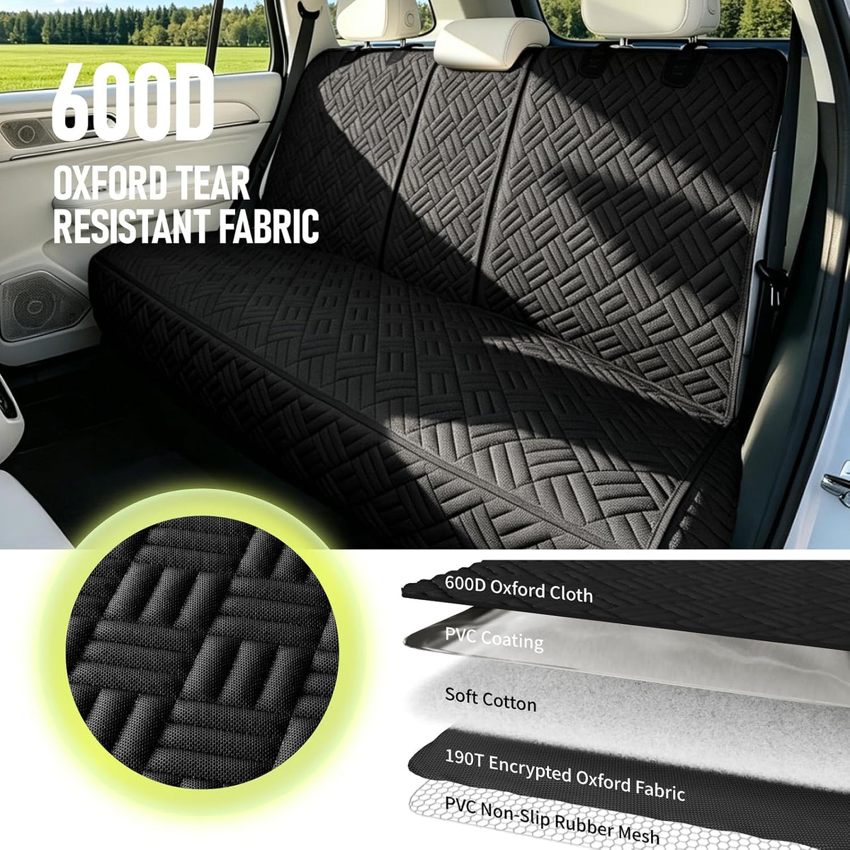 Dog Car Seat Cover for Back Seat, Waterproof 600D Oxford Protector for Travel and Daily Use, Non Slip Scratch Resistant Bench Cover, Easy to Clean, Fits Cars/SUVs/Trucks, 54 Inch