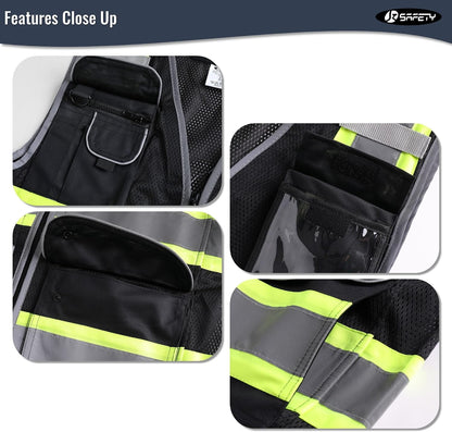 JKSafety 9 Pockets Class 2 High Visibility Zipper Front Safety Vest With Reflective Strips,Meets ANSI/ISEA Standard (Large, 150-Yellow) - Colors A