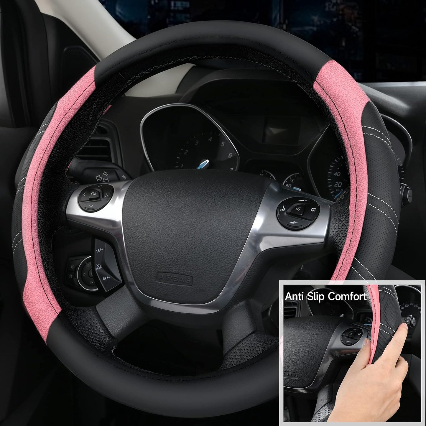 CAR PASS Air Mesh Leather Car Seat Covers Full Set, Waterproof Car Floor Mats, Sporty Steering Wheel Cover 14.5-15in, Universal Fits for 95% Cars Truck SUV (Black and Blue)