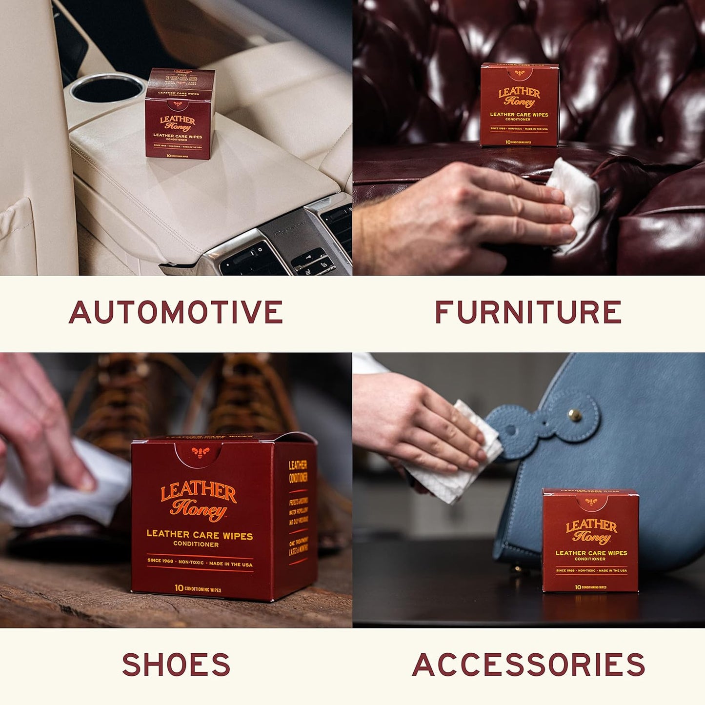 Leather Honey Leather Wipe Kit: Clean & Restore On-The-Go. For Any Color of Leather Couches, Car Seats, Purses, Shoes & Bags. Nontoxic, Ready-to-Use & Made in the USA. 5 Cleaner & 5 Conditioner Wipes
