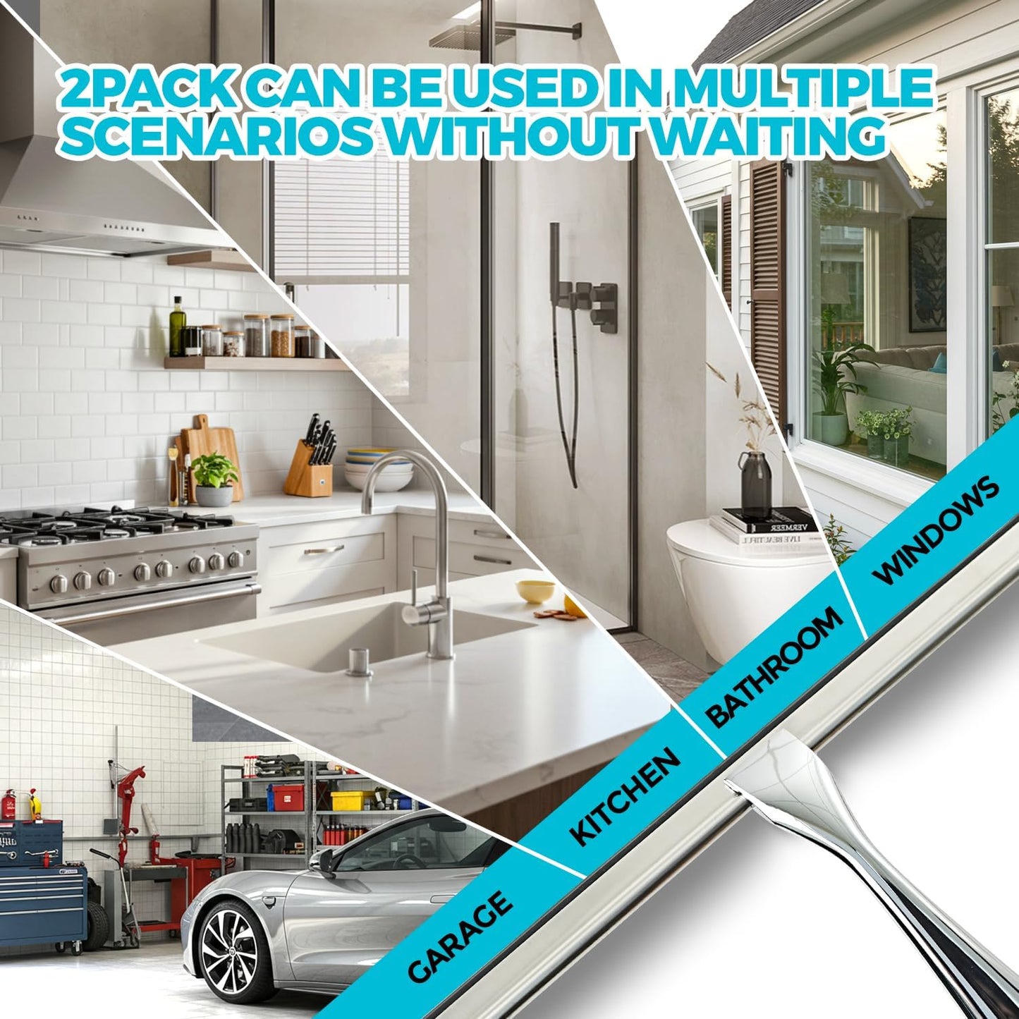 ALFLOD 2PACK Shower Squeegee for Glass Doors, Squeegee for Shower Glass，All-Purpose Tile Walls, Bathroom, Window, Glass and Car Windshield, Mirrors and Kitchen-Stainless Steel, 10 Inches, Silver