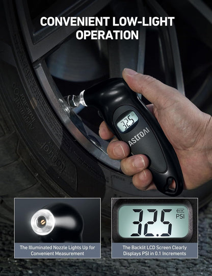 AstroAI Digital Tire Pressure Gauge 200 PSI, Industrial Tire Gauge Calibrated to ANSI B40.7 Grade 2A (±0.5%), AAA Batteries, for Light Trucks, Pickup Trucks, SUVs, Cars (Black)