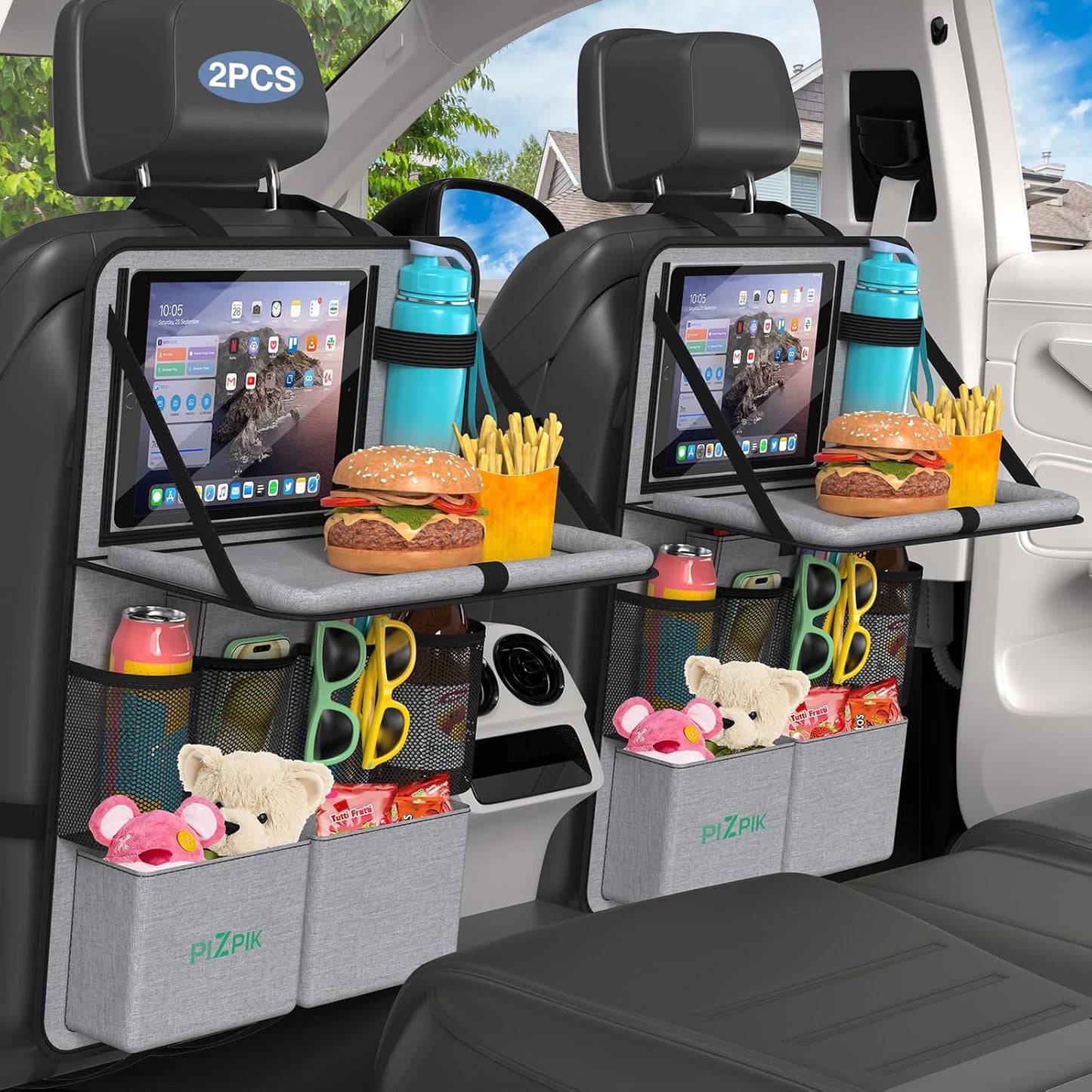 Plzpik Car Backseat Organizer with Tray(2Pack),13 Storage Pockets with Foldable Food Tray, Protector Kick Mats for Kids, Travel Accessories Organizer (Black)
