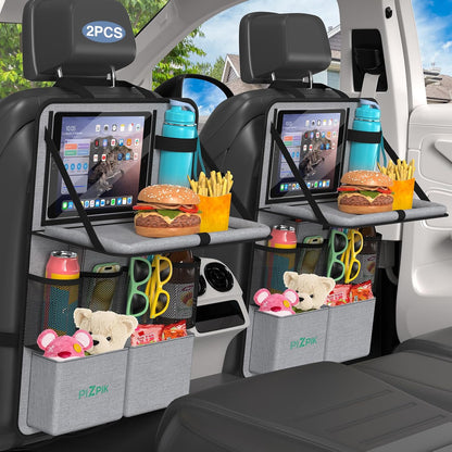 Plzpik Car Backseat Organizer with Tray(2Pack),13 Storage Pockets with Foldable Food Tray, Protector Kick Mats for Kids, Travel Accessories Organizer (Black)