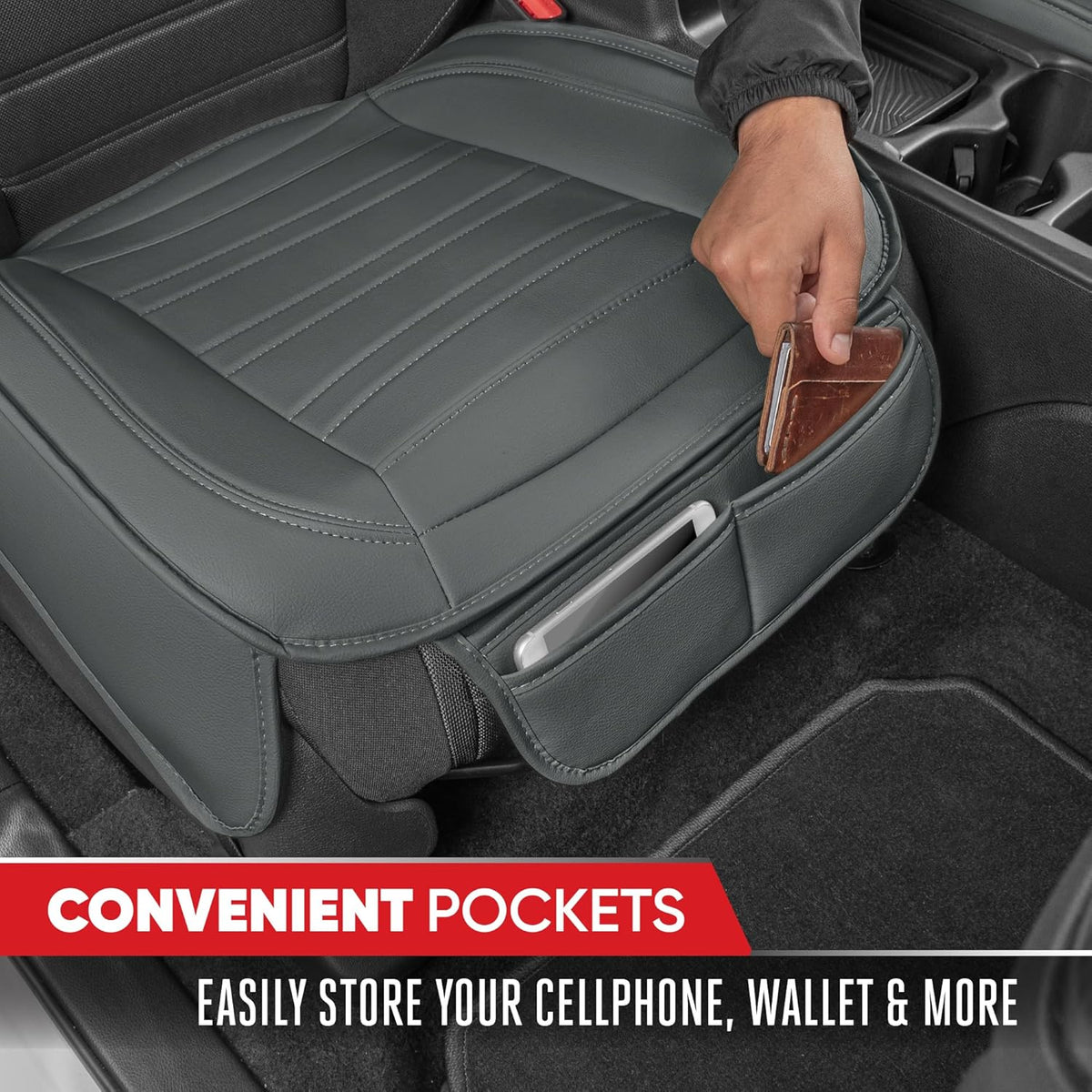 Motor Trend Seat Covers for Cars Trucks SUV, Faux Leather 2-Pack Black Padded with Storage Pockets, Premium Interior Car Seat Cover