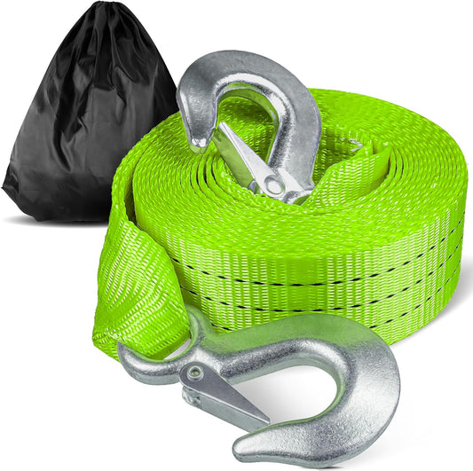 Tow Strap with Hooks 2”x20’ 15,000 LBS, Tow Rope Metal Safety Hooks, Car Heavy Duty Recovery Rope for Trailers, Securing Items, and Farm Cleaning